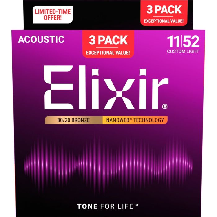 Elixir 16564 Nanoweb 80/20 Bronze custom light 11-52 Corde Acustica 3 pz main product photo