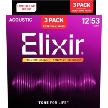 Elixir 16569 Nanoweb Phosphor Bronze light 12-53 Corde Acustica 3pz 
